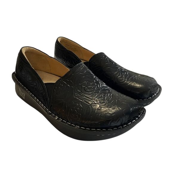 Alegria Debra Clog Professional Women EU 38 Black Leather Embossed Rose Shoes - Picture 2 of 7